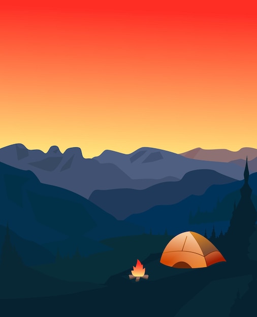 Paysage de montagne Camping d'été au coucher du soleil illustration vectorielle Feu de tente et arrière-plan modifiable de la nature
