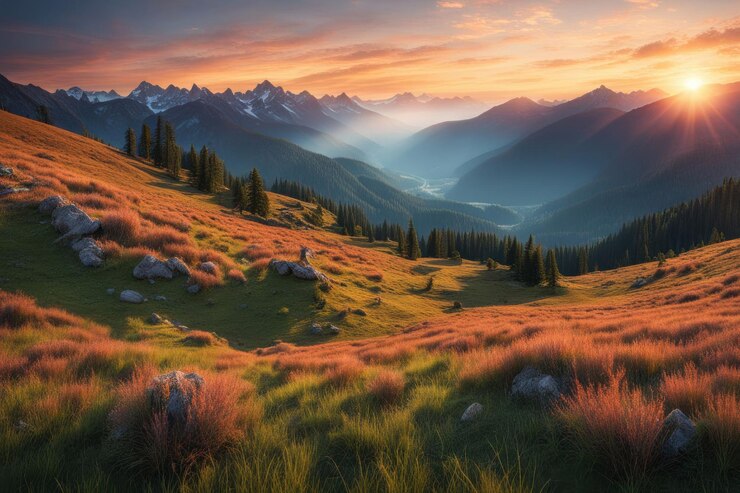 Vecteur un paysage de montagne avec un coucher de soleil en arrière-plan