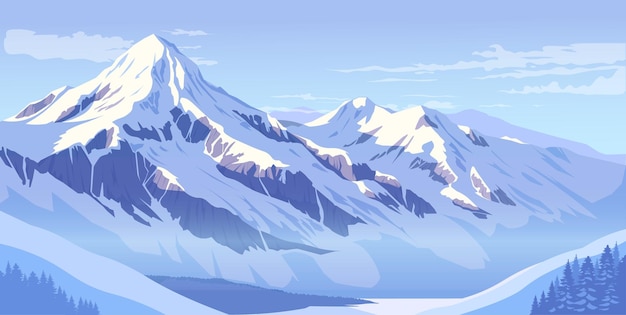 Paysage de montagne enneigé majestueux dans des tons bleus d'hiver avec une illustration vectorielle de la vue sur la forêt