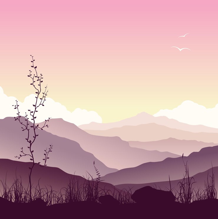 Vecteur paysage de montagne avec de l'herbe et des arbres. nature sauvage au coucher du soleil. illustration vectorielle.