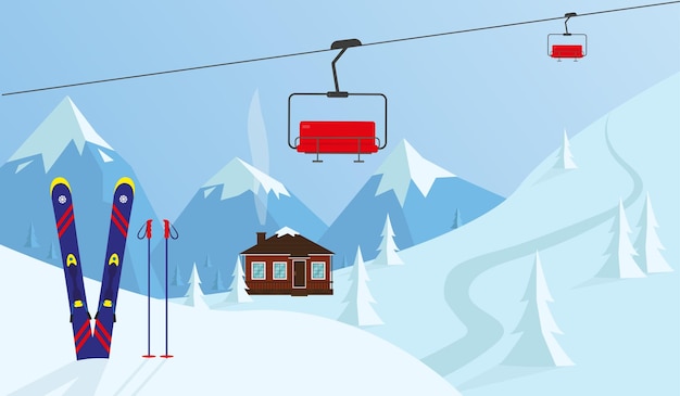 Vecteur paysage de montagne illustration de sports d'hiver. maison en bois dans la neige, le ski et le téléski.
