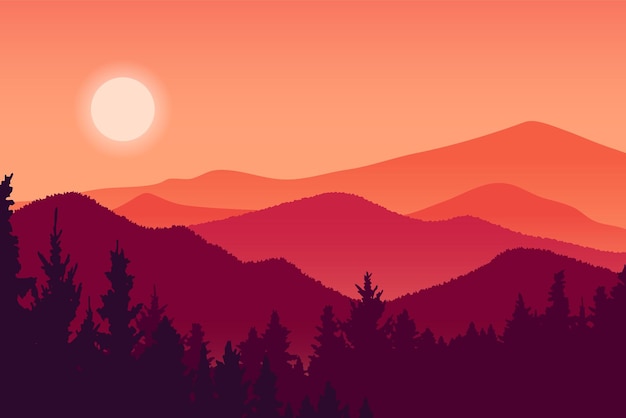 Paysage De Montagne Et Illustration Vectorielle De Forêt, Environnement De Colline Silhouette Rouge Au Coucher Du Soleil