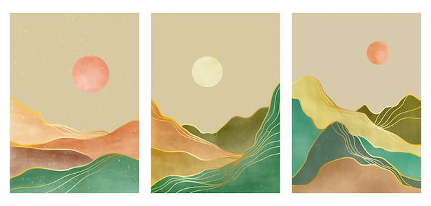 Paysage de montagne sur des illustrations minimalistes créatives peintes à la main du milieu du siècle moderne