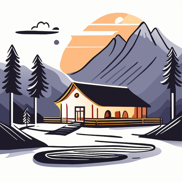 Vecteur paysage de montagne lac désert terrain de camping paysage dessiné à la main icône d'autocollant de dessin animé plat élégant