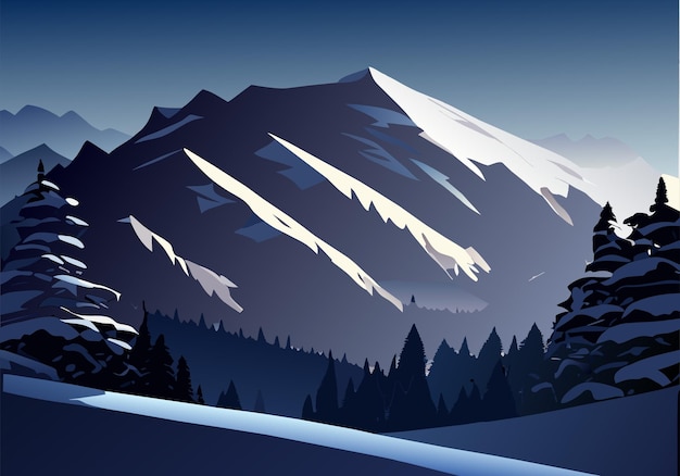 Vecteur paysage de montagne à la tombée de la nuit d'hiver avec du gel