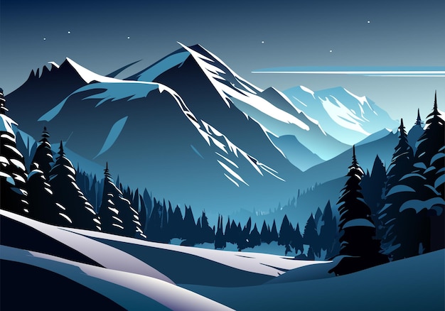 paysage de montagne à la tombée de la nuit d'hiver avec du gel
