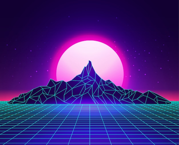 Paysage de montagnes abstraites de grille laser Vaporwave avec coucher de soleil sur fond. Concept Synthwave.