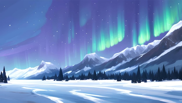 Paysage De Montagnes Enneigées Pendant La Nuit Avec Aurora Illustration Détaillée De Peinture Dessinée à La Main