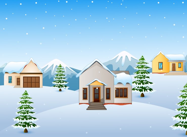 Vecteur paysage de montagnes d&#39;hiver avec maison et sapin