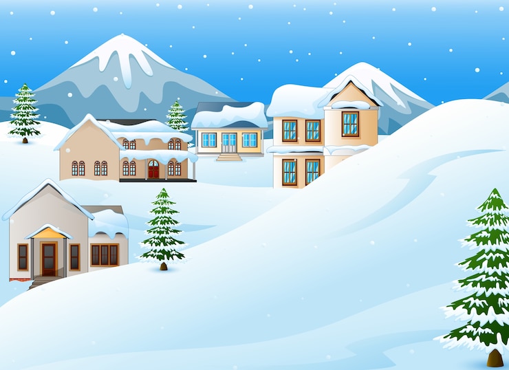 Vecteur paysage de montagnes d&#39;hiver avec maison et sapin
