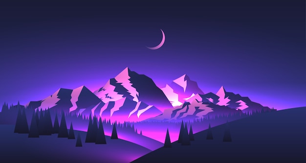 Paysage de montagnes de nuit avec des sommets et des vallées de montagnes avec une lumière violette et une lune sur le thème de l'aventure de voyage