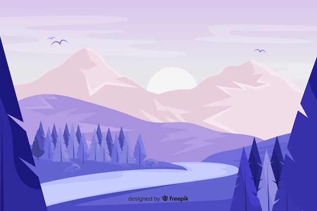 Vecteur paysage de montagnes avec pins et coucher de soleil