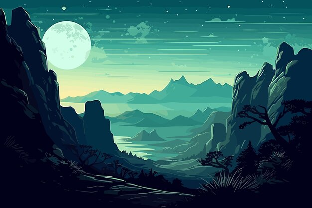 un paysage avec des montagnes et une pleine lune.