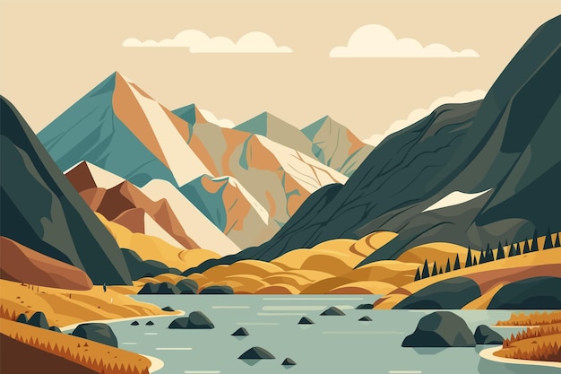 Vecteur paysage avec montagnes et rivière illustration vectorielle dans un style plat