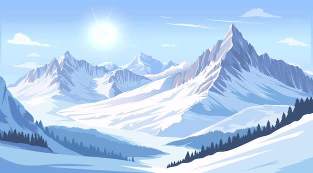 Paysage montagneux enneigé avec forêt de pins sous un soleil brillant illustration vectorielle