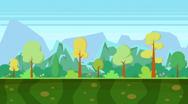 Paysage Nature De Dessin Animé Avec Forêt Et Montagne.