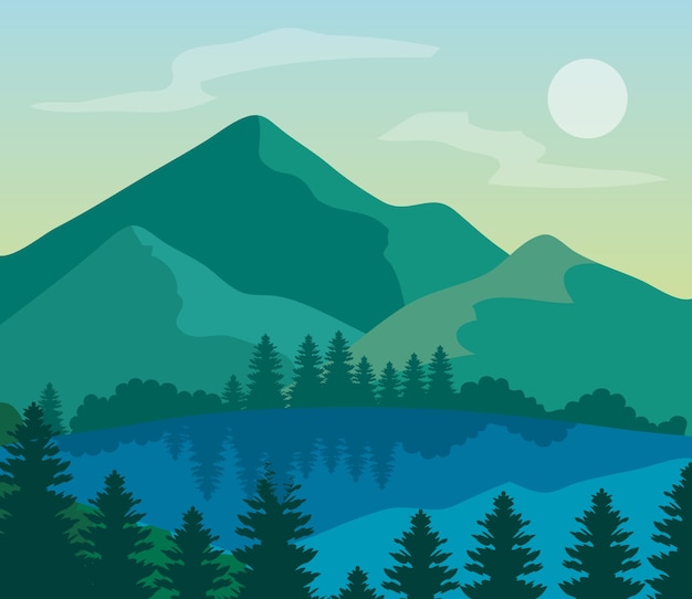 Paysage nature et lac, pins avec montagnes.