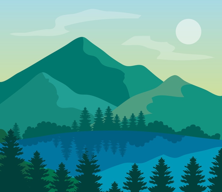 Vecteur paysage nature et lac, pins avec montagnes.