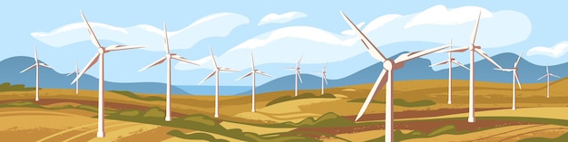 Paysage naturel d'automne avec illustration graphique vectorielle de moulins à vent. Paysage naturel mer, montagne, champ avec éoliennes. Concept d'énergie alternative écologique et d'économie de l'environnement.
