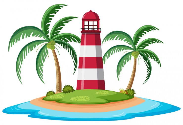 Vecteur paysage naturel d'île avec phare et arbres