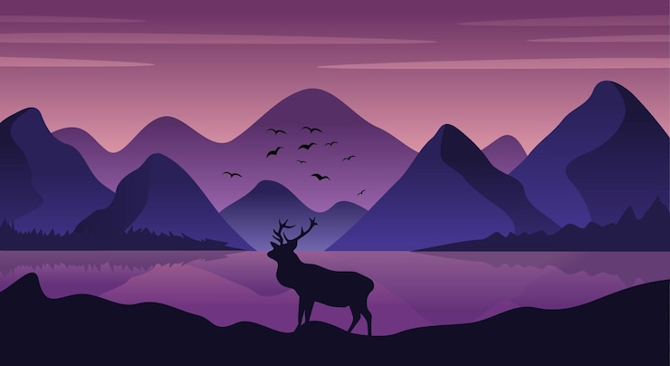 Vecteur paysage naturel avec lac, colline, montagne et cerf, paysage d'illustration de style dessin animé