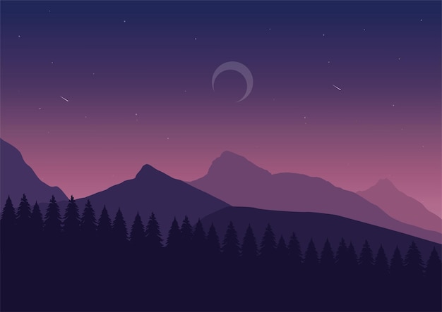 Paysage naturel de nuit avec un ton violet Illustration vectorielle dans un style plat