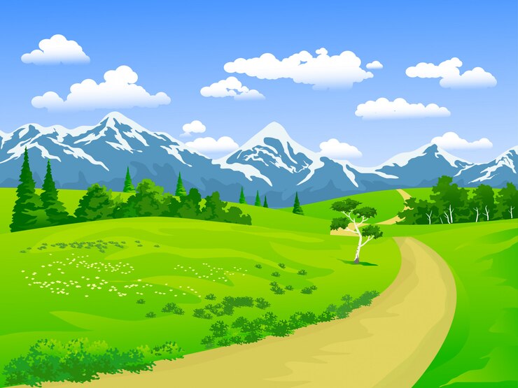 Vecteur paysage naturel avec prairies et montagnes enneigées