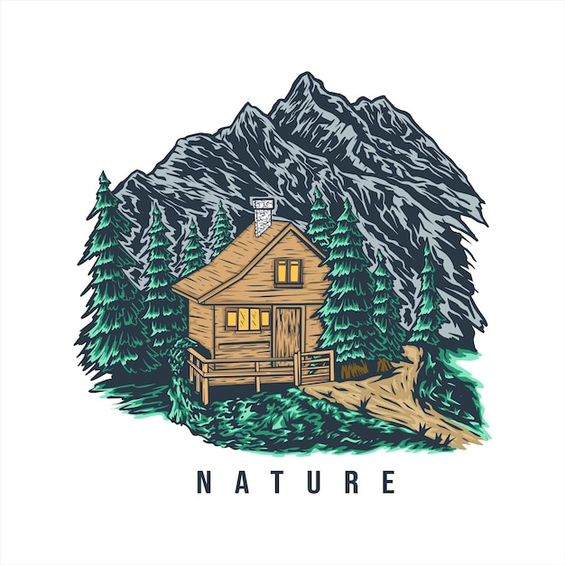 Vecteur paysage naturel et vue sur la montagne avec maison en bois