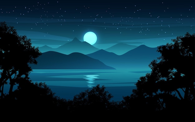 Vecteur paysage nocturne de lac et de montagne avec la pleine lune et les étoiles