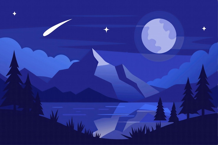 Vecteur paysage nocturne avec des montagnes, la lune et les étoiles