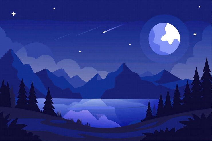 Vecteur paysage nocturne avec des montagnes, la lune et les étoiles