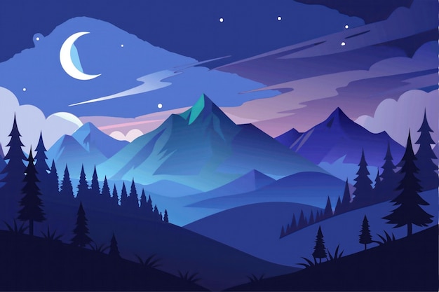 Paysage nocturne avec des montagnes, la lune et les étoiles