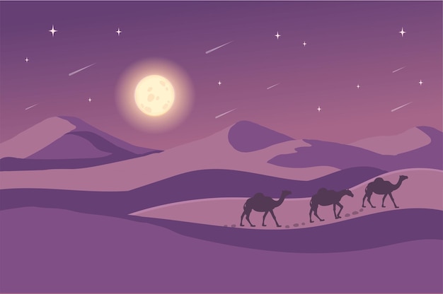Paysage nocturne panoramique du voyage arabe avec des chameaux à travers le désert