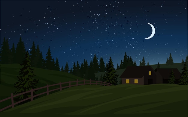 paysage nocturne rural avec la lune et les étoiles