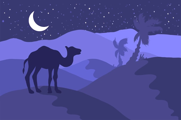 Paysage de nuit du désert avec illustration plate de silhouette de chameau. Fond minimaliste de la faune