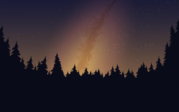 paysage de nuit étoilée avec forêt de pins