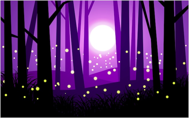 Paysage de nuit de forêt en forêt avec des lucioles