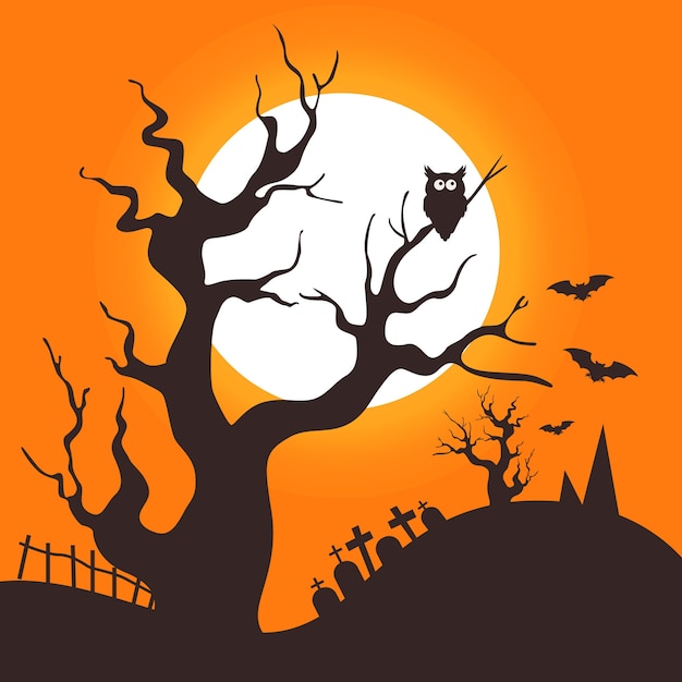 Vecteur paysage de nuit avec hibou sur la silhouette de l'arbre