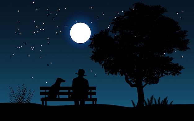 Paysage De Nuit Avec Un Homme Assis Sur Un Banc Avec Son Chien En Regardant Le Ciel étoilé