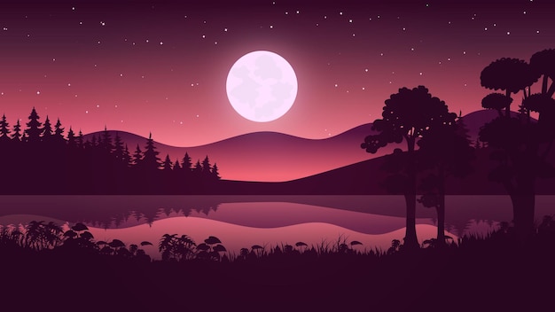 Paysage de nuit avec la lune et les étoiles sur la montagne et une illustration vectorielle premium typique de la forêt Adobe stock