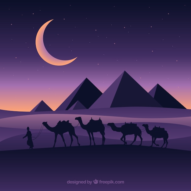 Paysage de nuit plate avec des pyramides égyptiennes et la caravane de chameaux