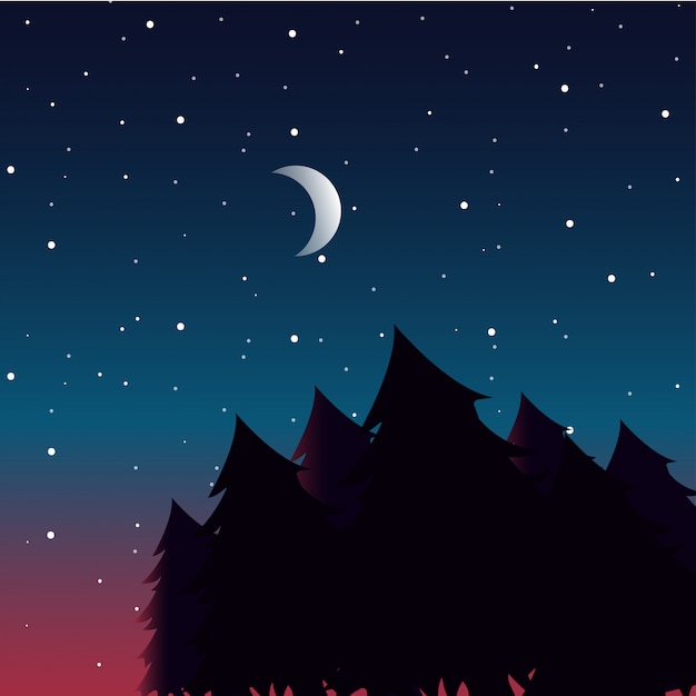 Paysage de nuit avec des silhouettes de forêt et beau ciel de nuit avec les étoiles et la lune.