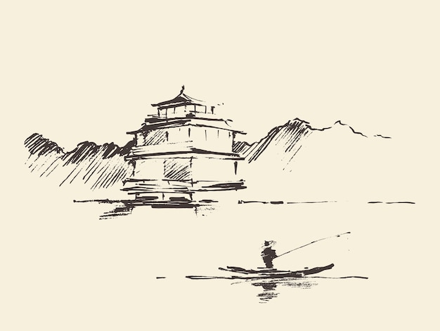 Paysage Oriental Avec Pagode Et Lac, Illustration Vectorielle Dessinée à La Main, Croquis