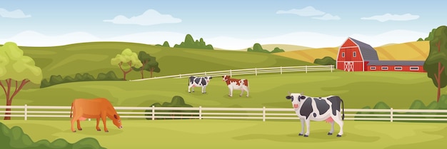 Vecteur paysage panoramique de la ferme paysage agricole rural fond de dessin animé agriculture abondance avec vache et ferme dans le champ de printemps campagne prairie verte sur le ranch illustration vectorielle du paysage agricole