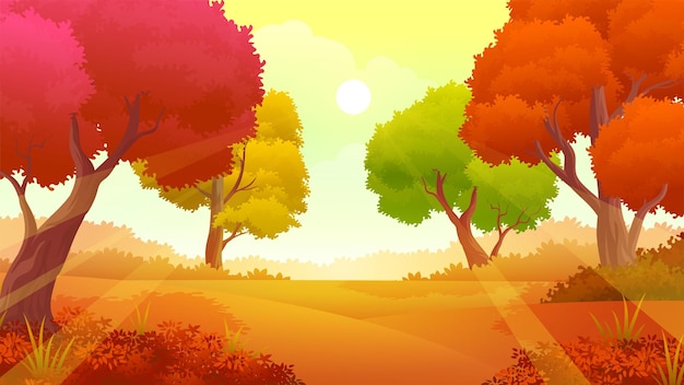 Paysage de parc naturel d'automne avec des feuilles et des arbres orange jaune