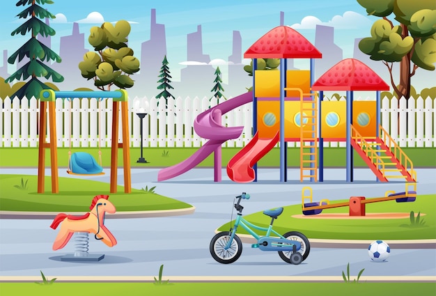 Paysage De Parc Public D'aire De Jeux Pour Enfants Avec Illustration De Dessin Animé De Toboggan, Balançoire, Vélo Et Jouets