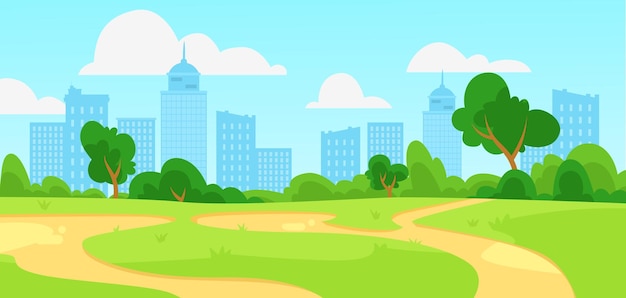 Paysage de parc urbain avec horizon de la ville et sentiers dans l'illustration vectorielle de fond