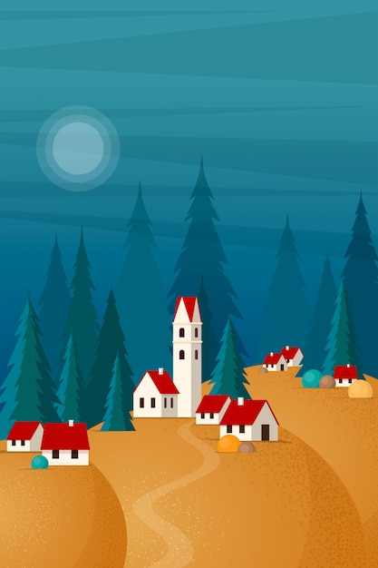 Paysage De Petite Ville Sur Les Collines. Illustration Avec Style