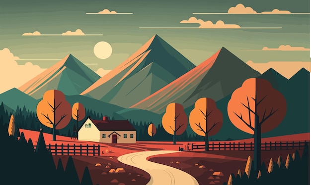 Paysage Pittoresque Nature Pittoresque Maison Mignonne Ferme Puissants Rochers Arbres Forêt été Nuages Soleil Pelouse Couleurs Chaudes Calme Image Stylisée Concept De Créativité Illustration Vectorielle