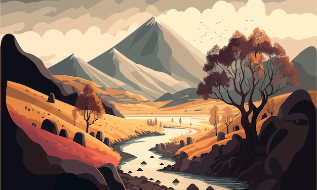 Paysage pittoresque Une rivière au pied de la montagne de puissants rochers des arbres une pelouse des tons chauds le calme une image stylisée Le concept de créativité Illustration vectorielle